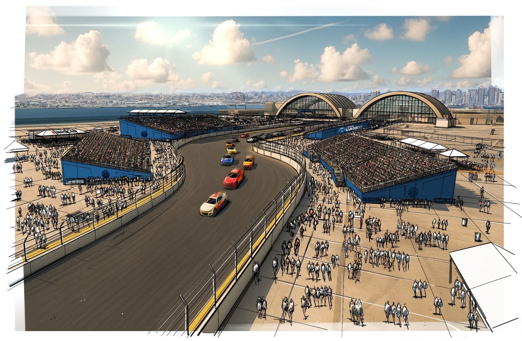 Renderings of the NASCAR San Diego Weekend Grandstands in a sketched style.