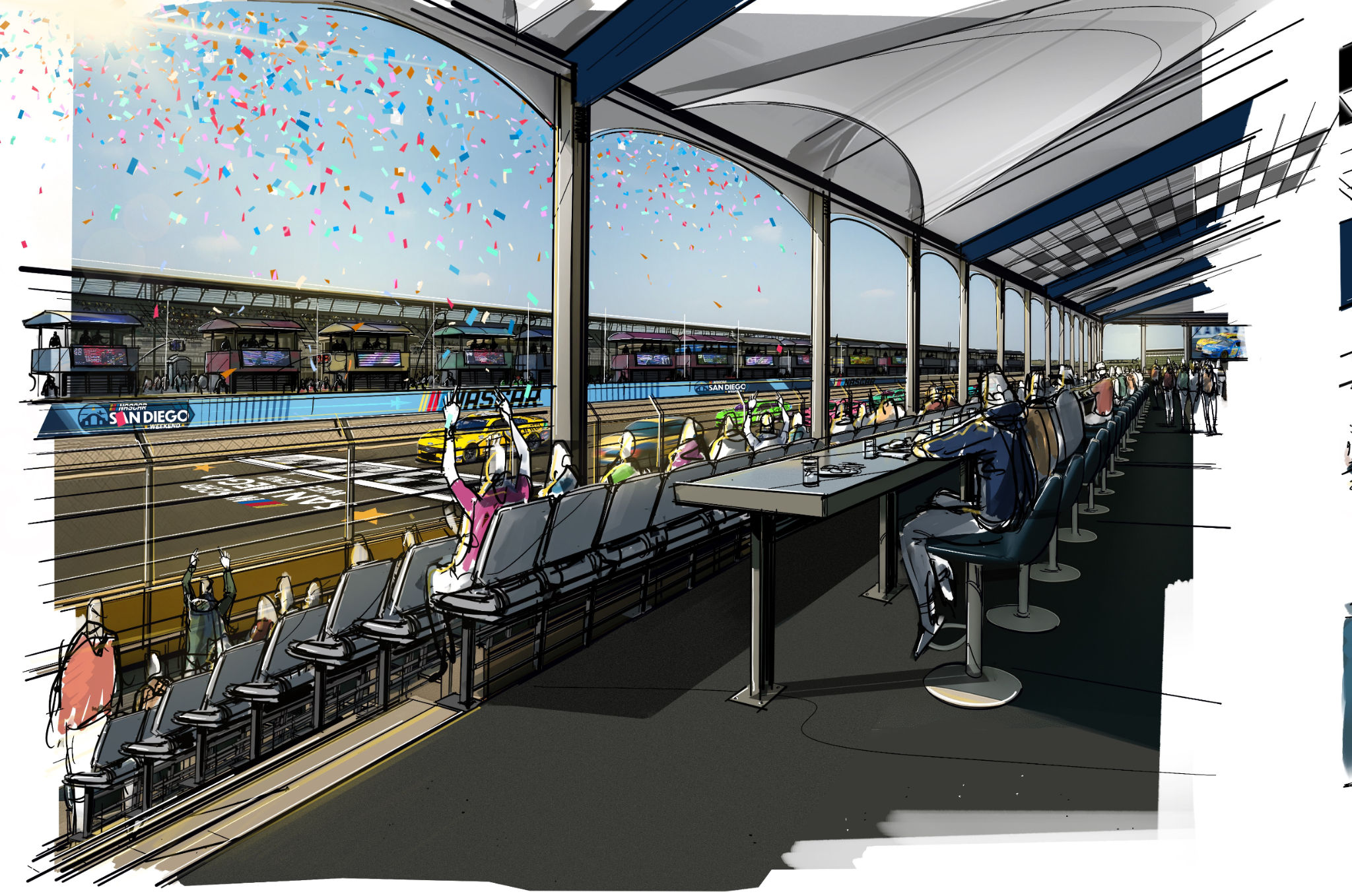 Illustration of a covered grandstand with seated spectators watching a race car cross the finish line on a NASCAR track with confetti in the air.