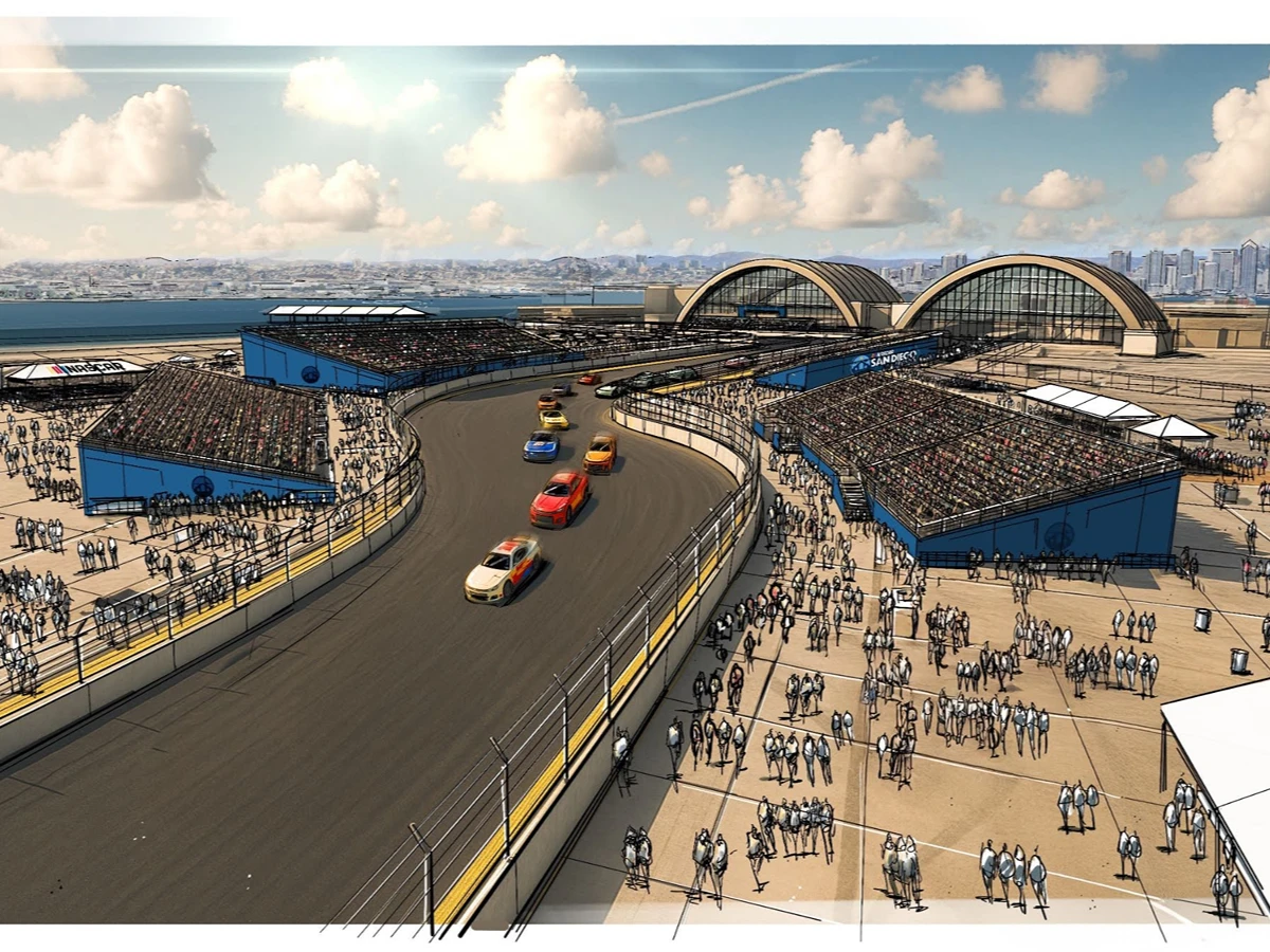 Renderings of the NASCAR San Diego Weekend Grandstands in a sketched style.