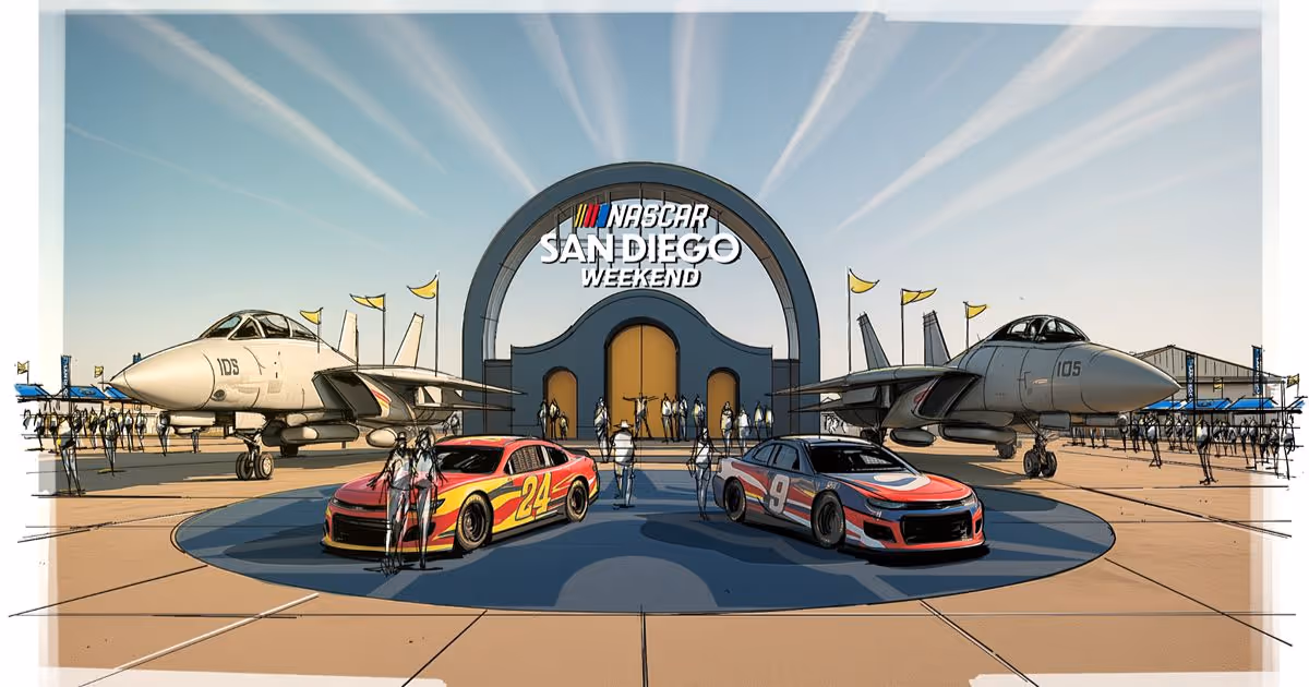 Illustration of two NASCAR race cars parked on a runway in front of a large arch with the text NASCAR San Diego Weekend, flanked by two fighter jets and people walking around.