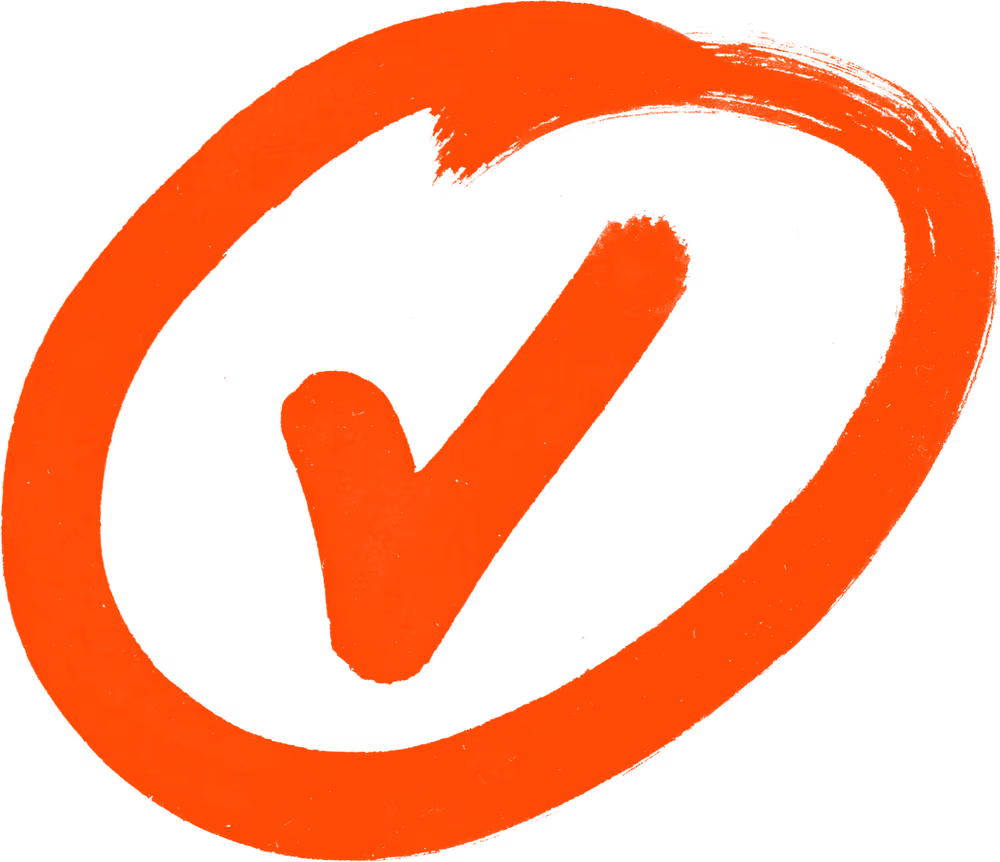 Bold orange checkmark inside a roughly drawn orange circle on a transparent background.