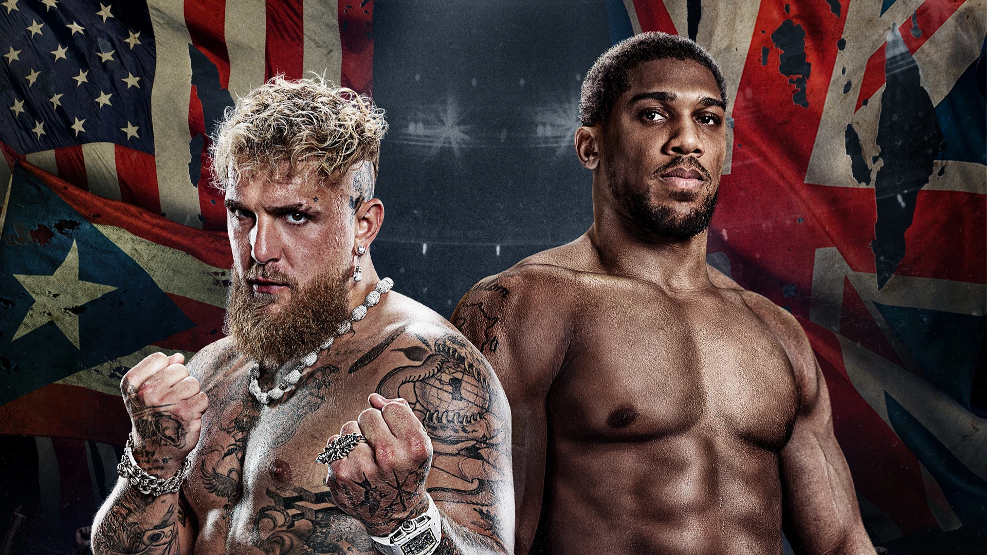 Two shirtless male fighters pose with clenched fists in front of faded American and British flags.