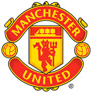 Manchester United football club crest with a red devil holding a trident, a ship, and two footballs.