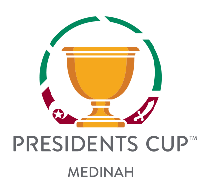 Presidents Cup logo featuring a gold trophy with a green and maroon semi-circle around it and the text 'PRESIDENTS CUP MEDINAH'.