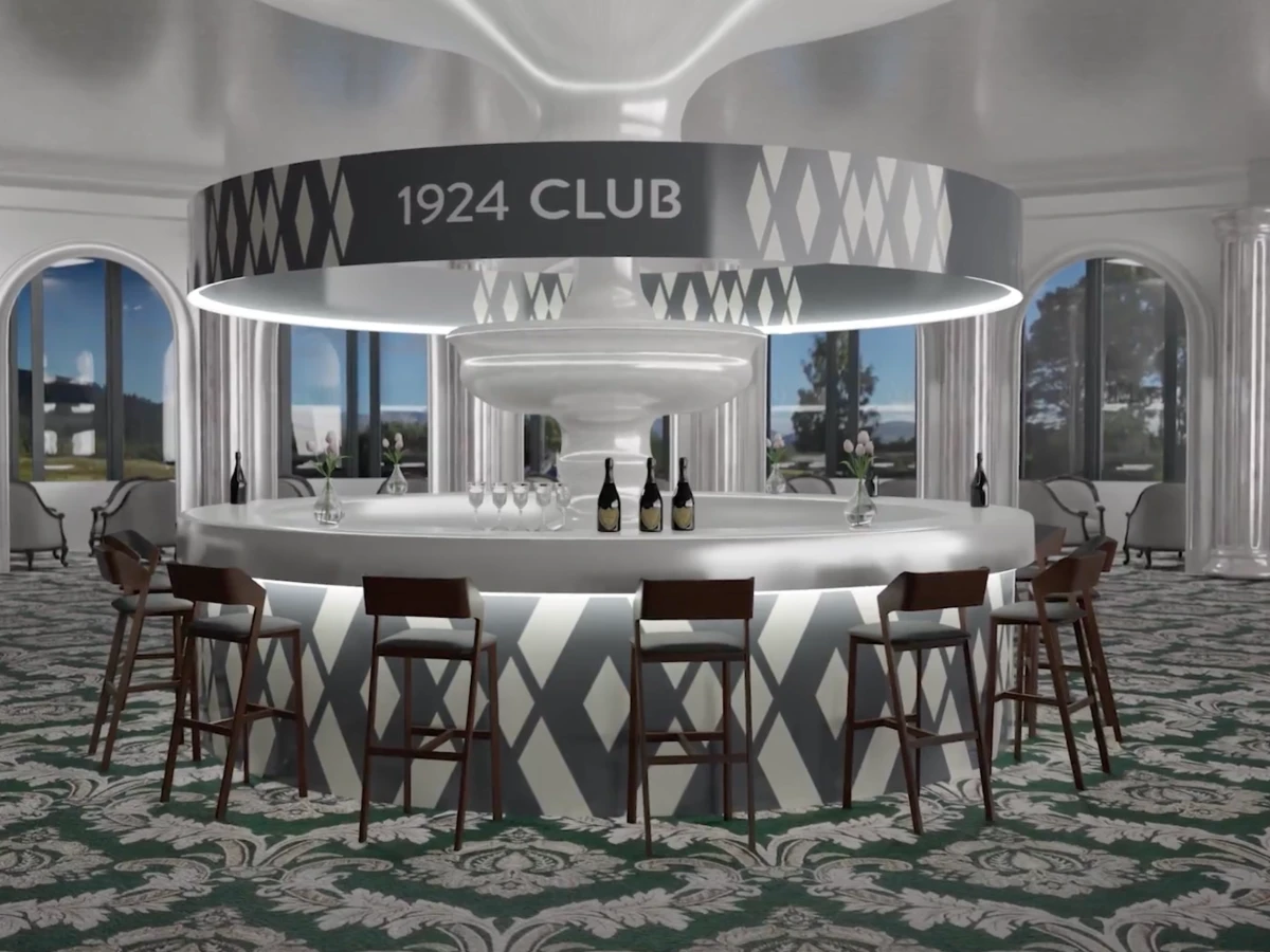 Elegant modern bar area with a circular counter, high stools, and a sign reading '1924 CLUB' in a spacious room with patterned carpet and large windows.