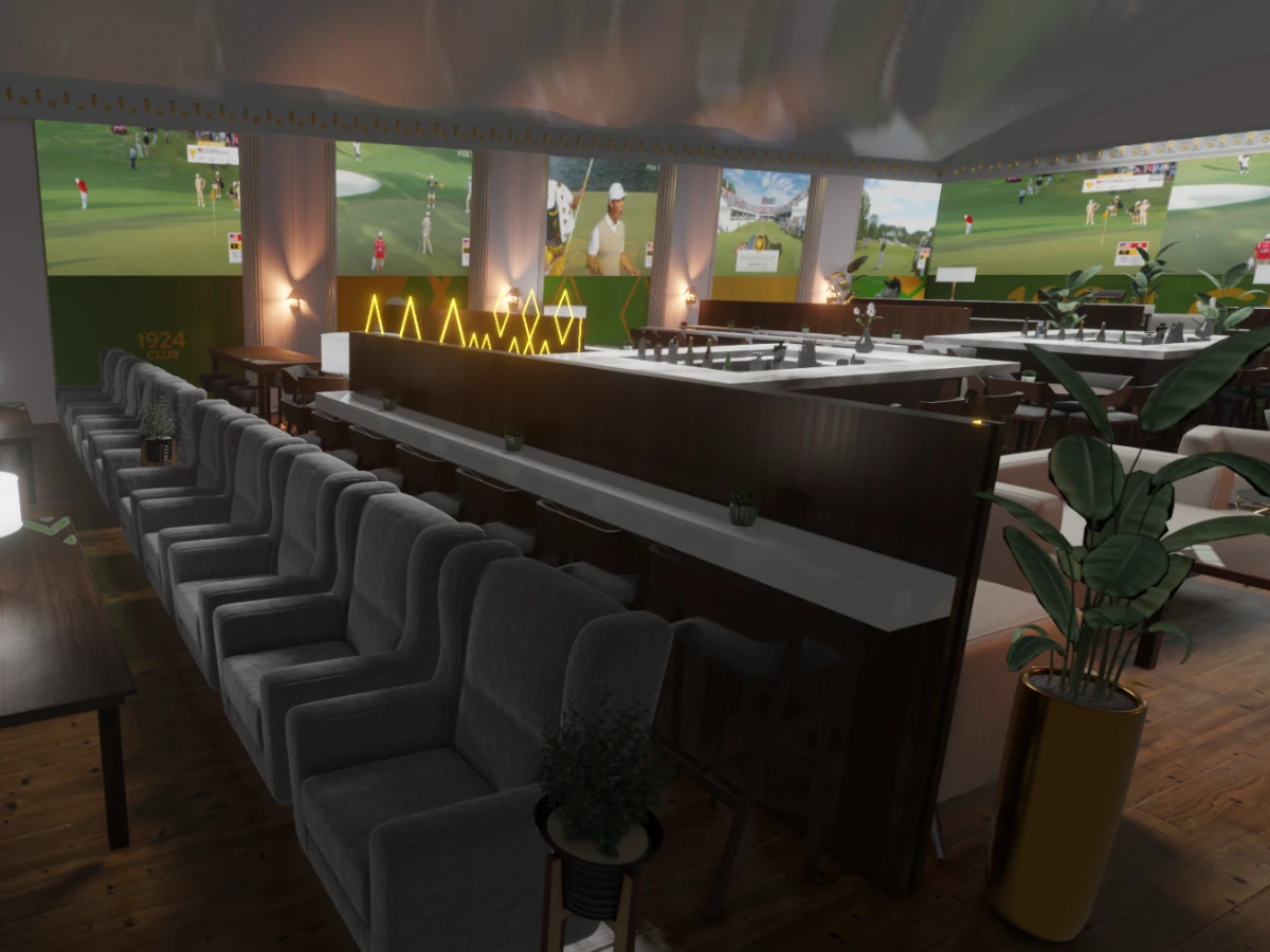Modern sports lounge with gray armchairs, high counters, plants, and large screens displaying a golf tournament.
