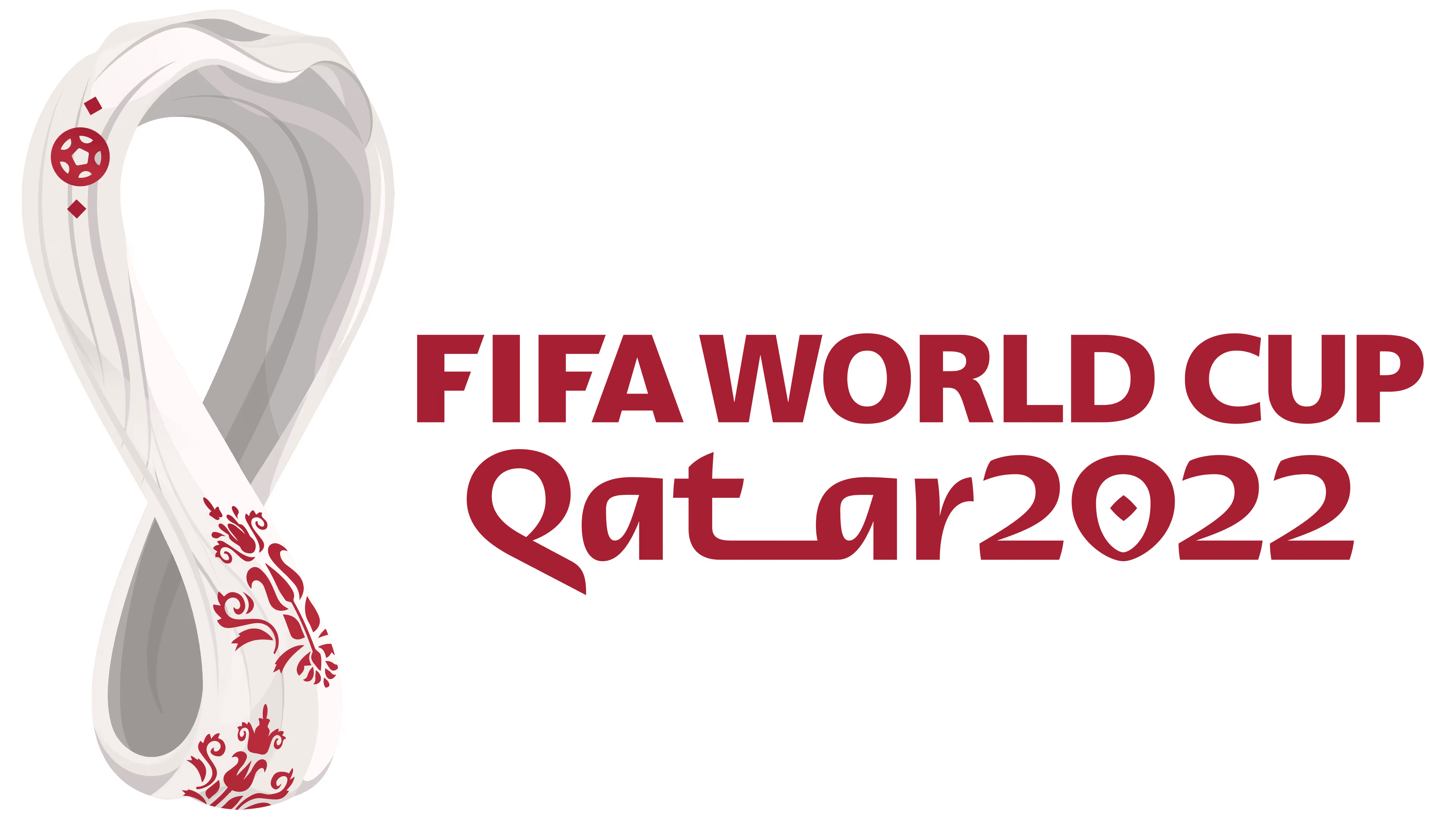 FIFA World Cup Qatar 2022 logo featuring a white looped shape with red decorative patterns and text.
