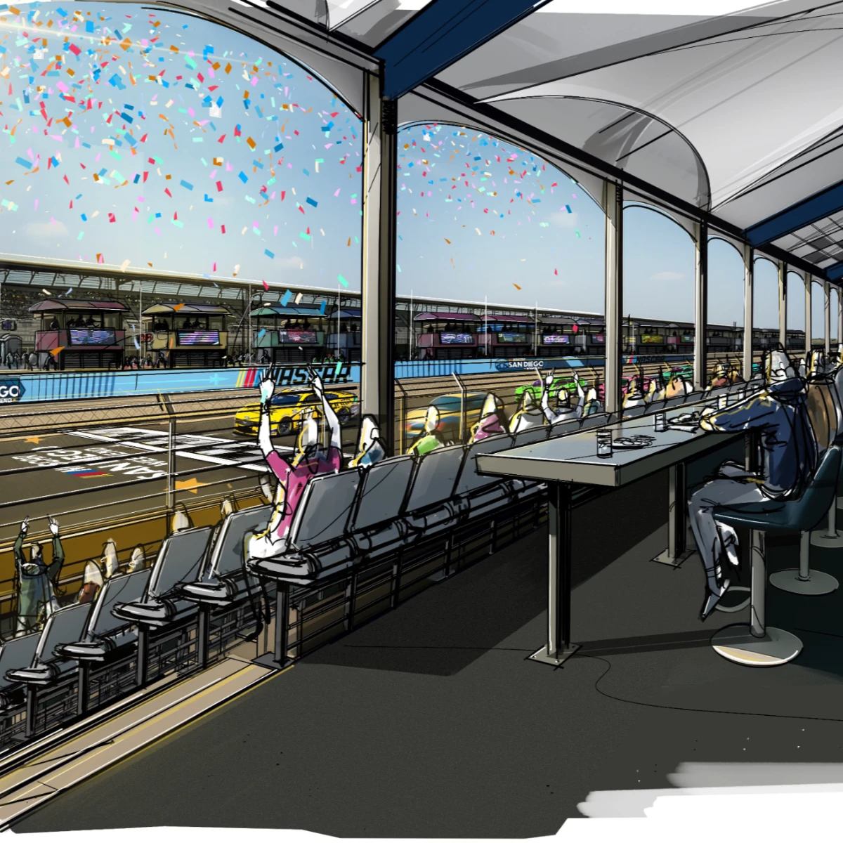 Illustration of a racetrack grandstand with spectators cheering as a yellow race car crosses the finish line under confetti-filled sky.