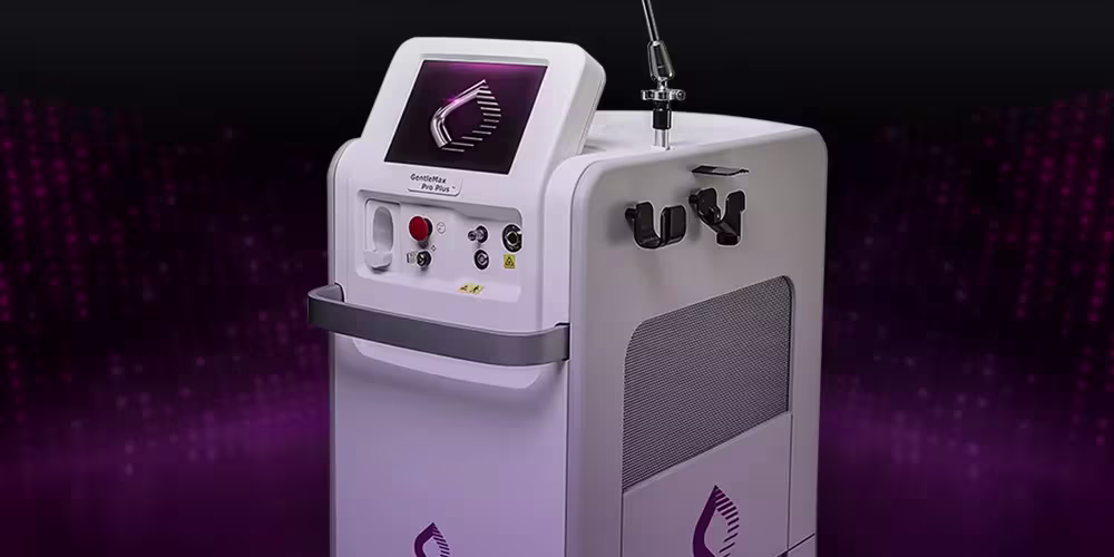 GentleMax Pro Plus laser machine for hair removal and skin treatments with control panel and screen.