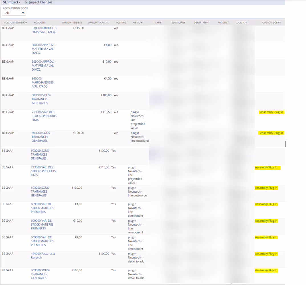 NetSuite General Ledger impact on an assembly build showing custom GL lines across COGS accounts 713000, 603000, 609000 and account 444000