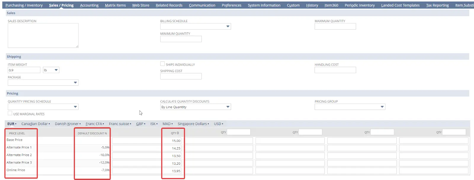 NetSuite artikelrecord in het tabblad Sales Pricing met basisprijs, prijsniveaus en standaardkortingen