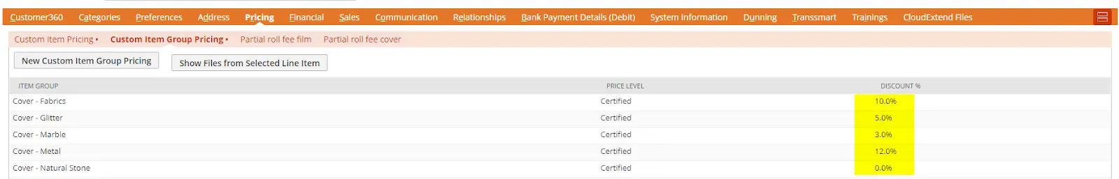 NetSuite custom item group pricing met kortingspercentages per item group en prijsniveau