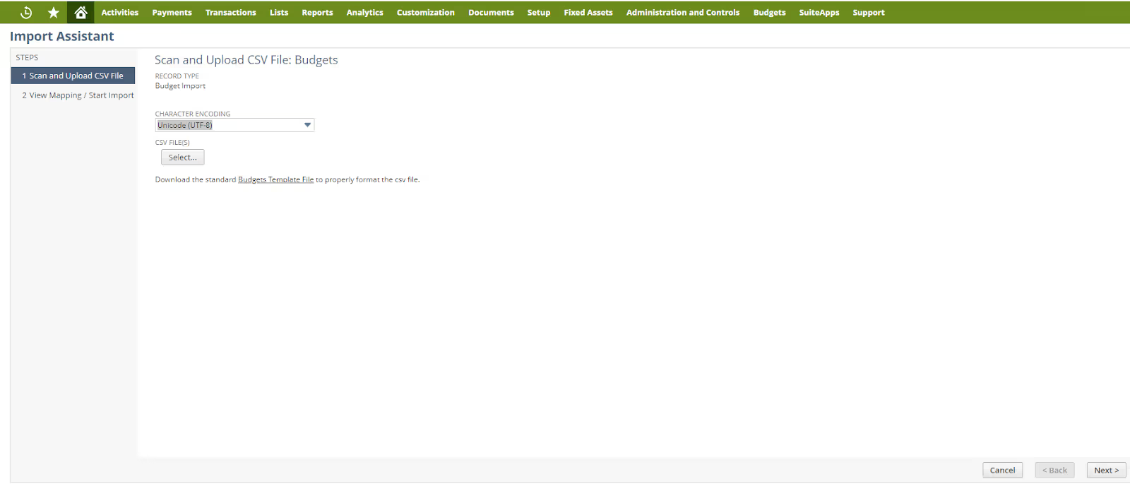 NetSuite budgetimportassistent til upload af en CSV-fil