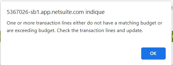 NetSuite advarsel, når en transaktionslinje overstiger budgettet eller ikke matcher et eksisterende budget