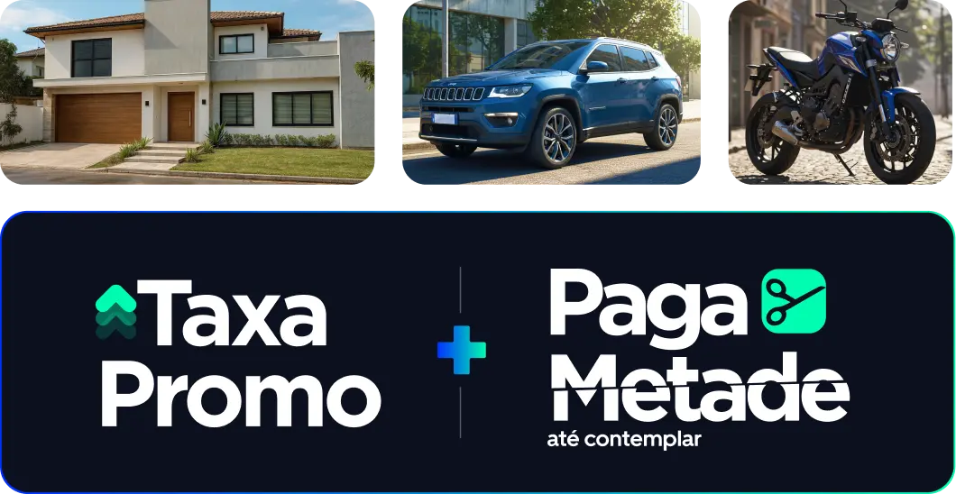 Oferta exclusiva da live: Taxa Promo + Paga metade até contemplar + Oferta surpresa para destravar na live