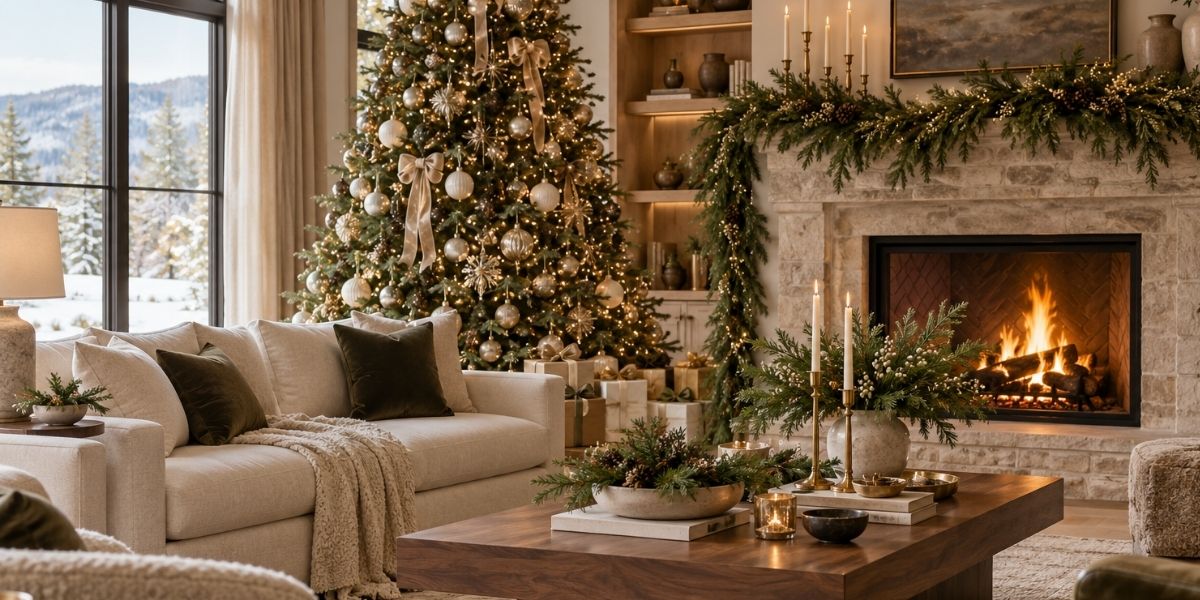 Holiday garland styled on an entry console and staircase
