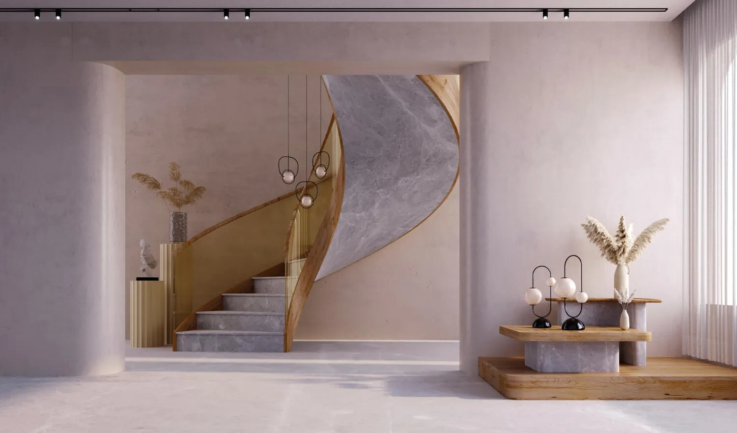 Staged home entryway with a sculptural staircase and curated furnishings