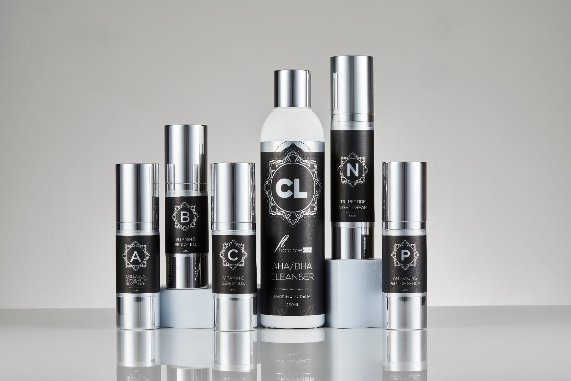 Facelove Skin six-product skincare system showing the full clinical range