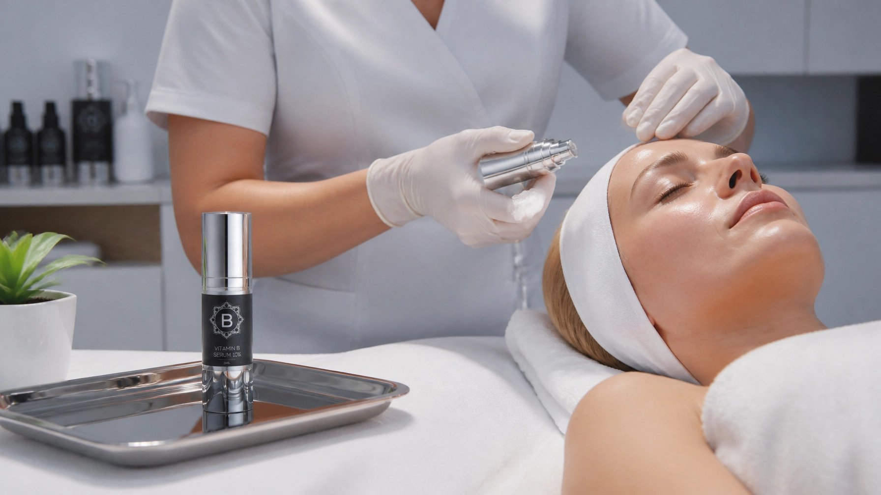 Facelove Vitamin B Serum being used in a professional clinic environment