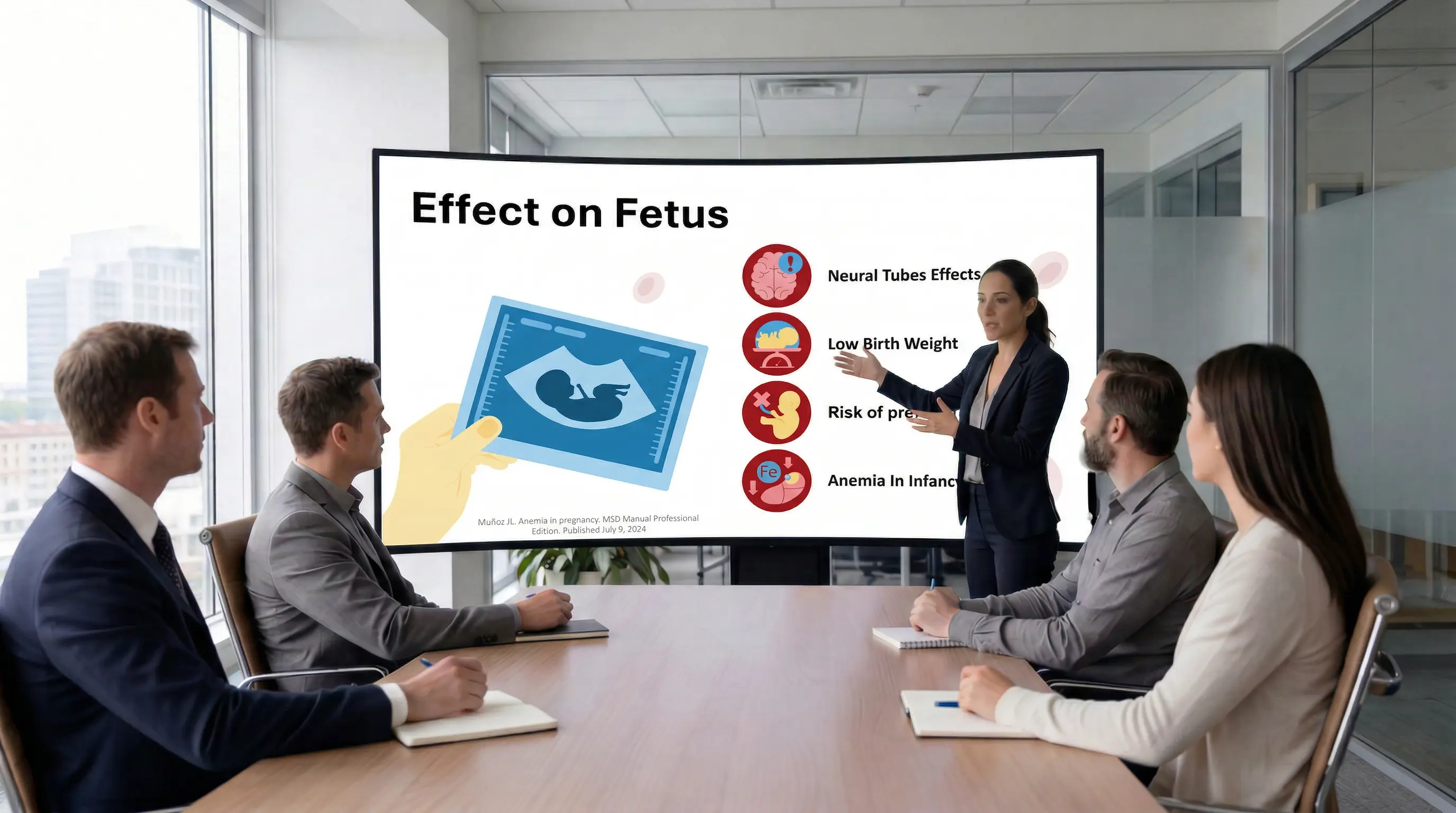 medical presentation slide showing effects of anemia in pregnancy on fetus for clinical education