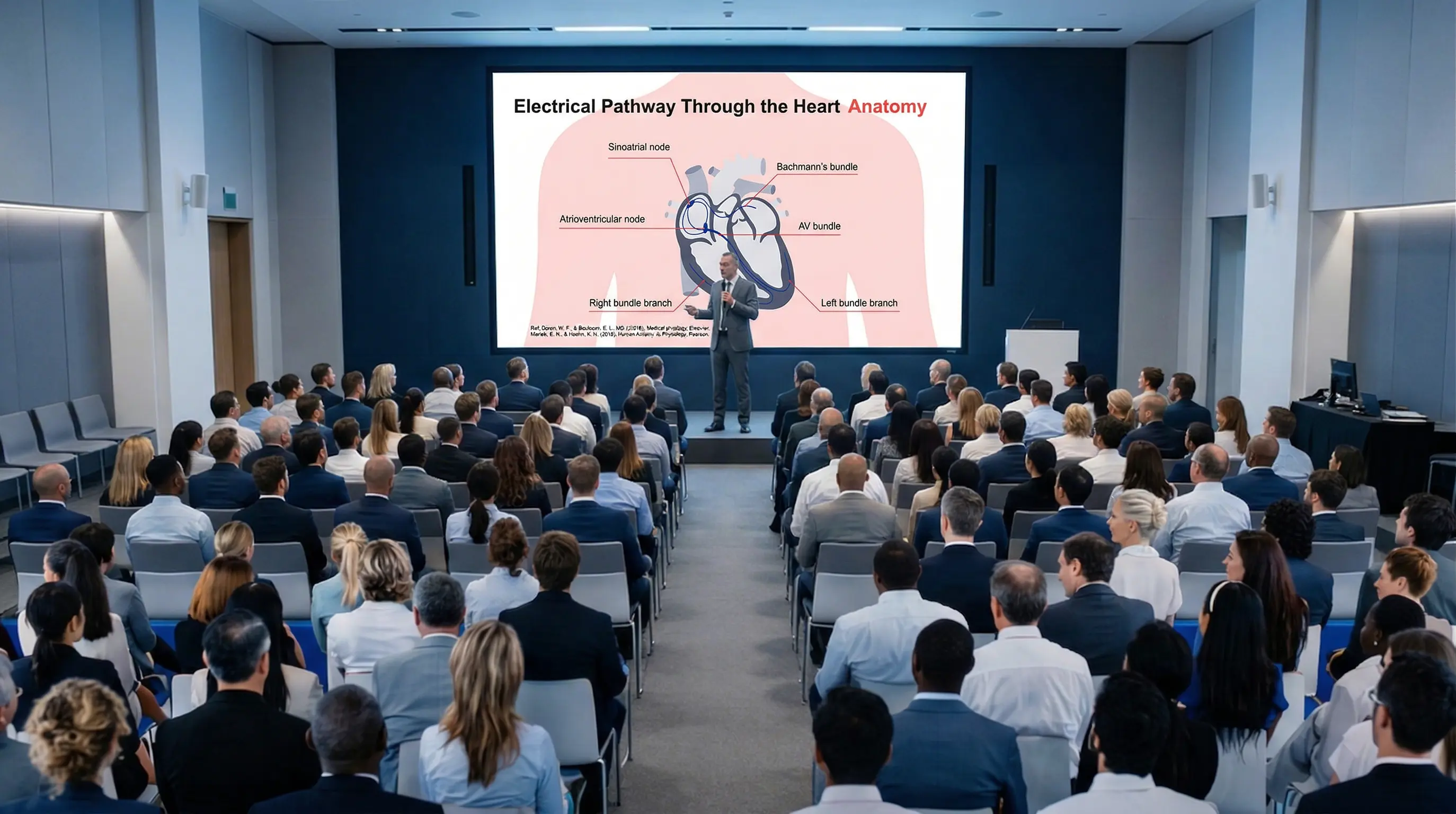 presenting cardiac electrical pathway diagram in heart anatomy slide during medical conference