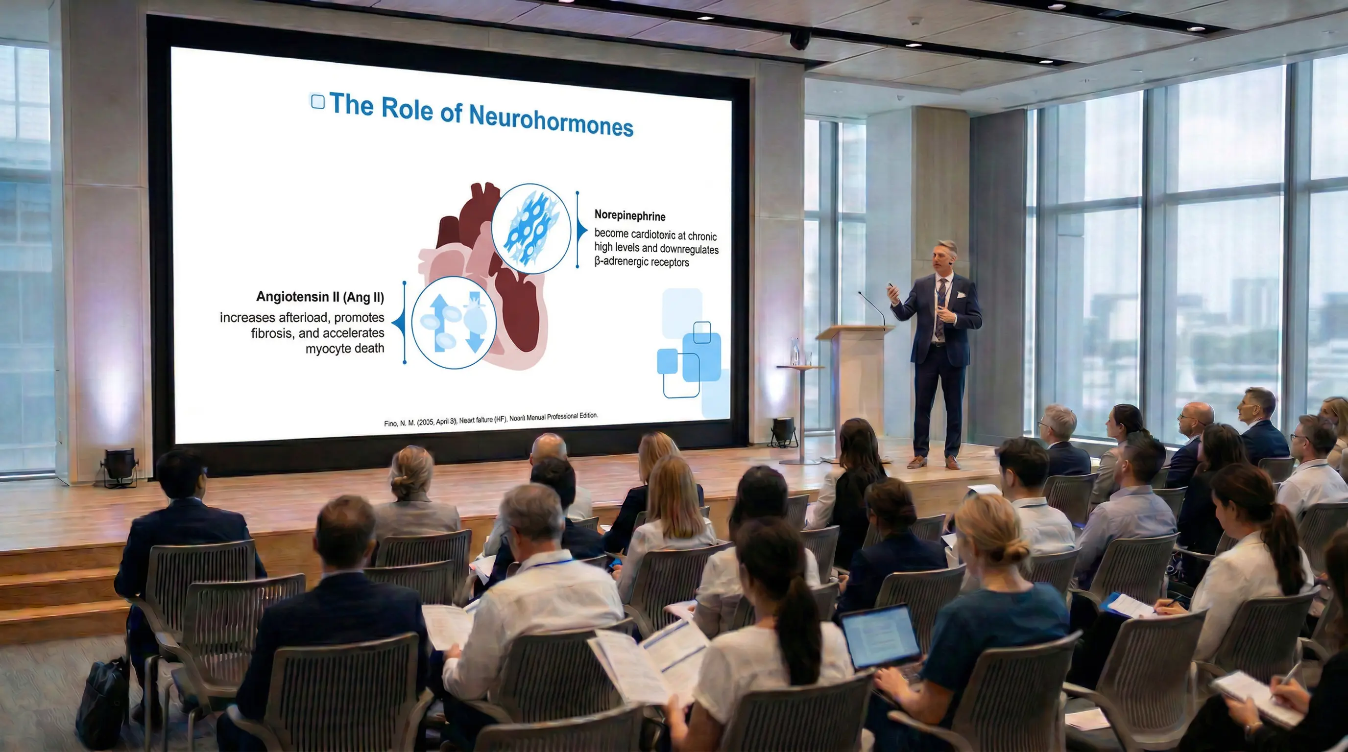 presenting role of neurohormones in heart failure during medical conference presentation slide