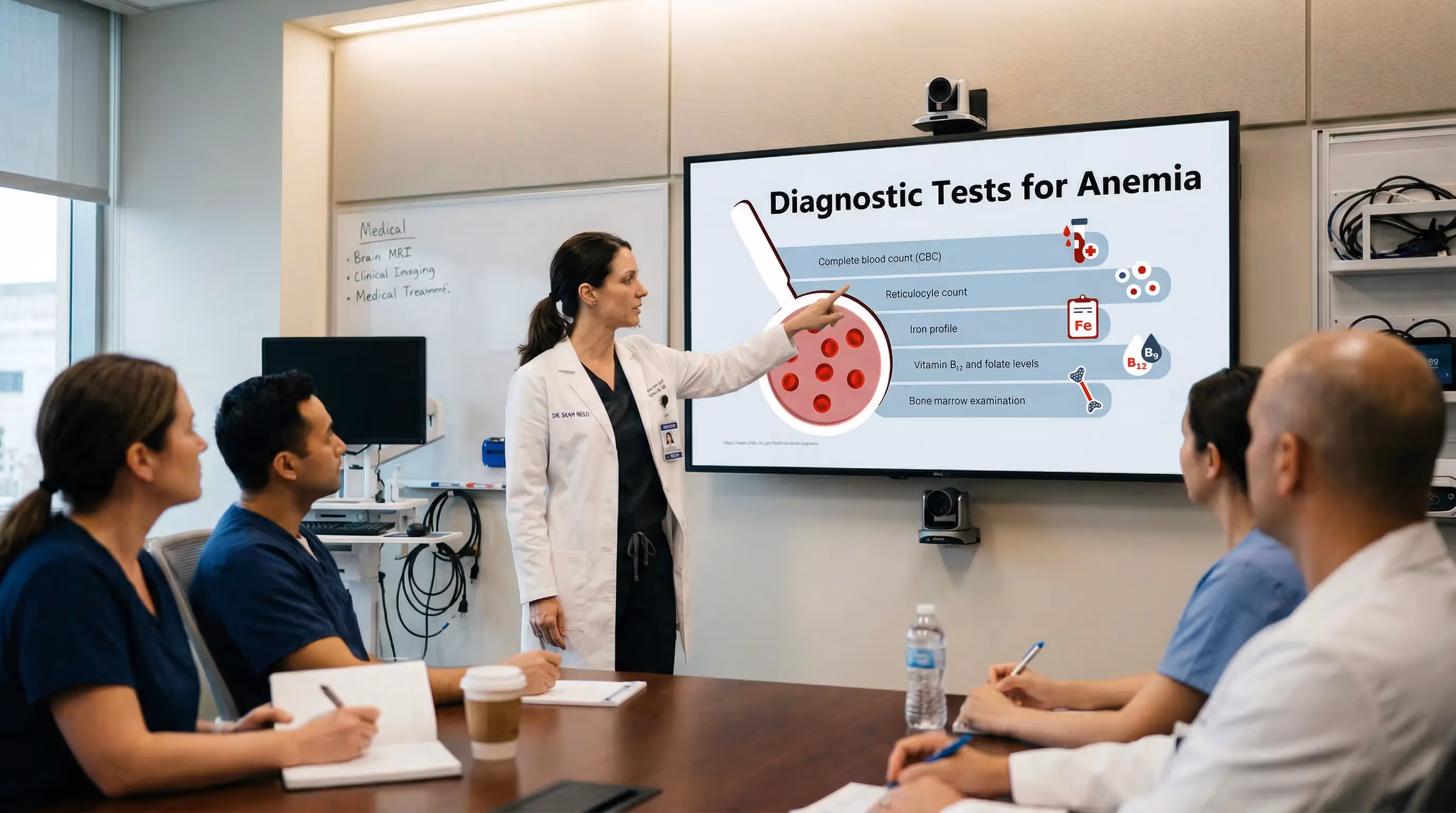 medical presentation slide showing diagnostic tests for anemia including CBC and iron profile