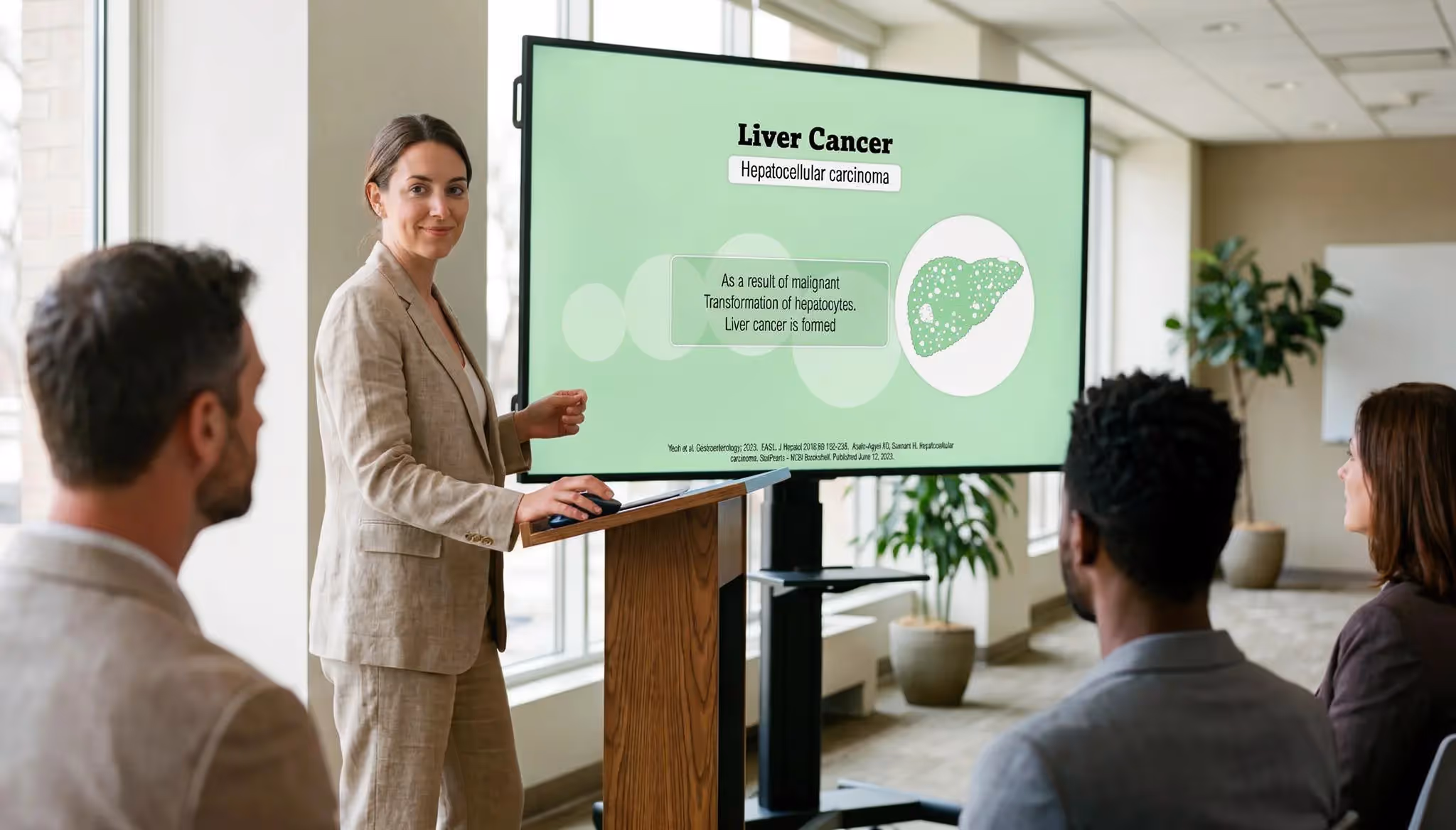 Medical lecture slide explaining hepatocellular carcinoma and liver cancer development using animated visuals