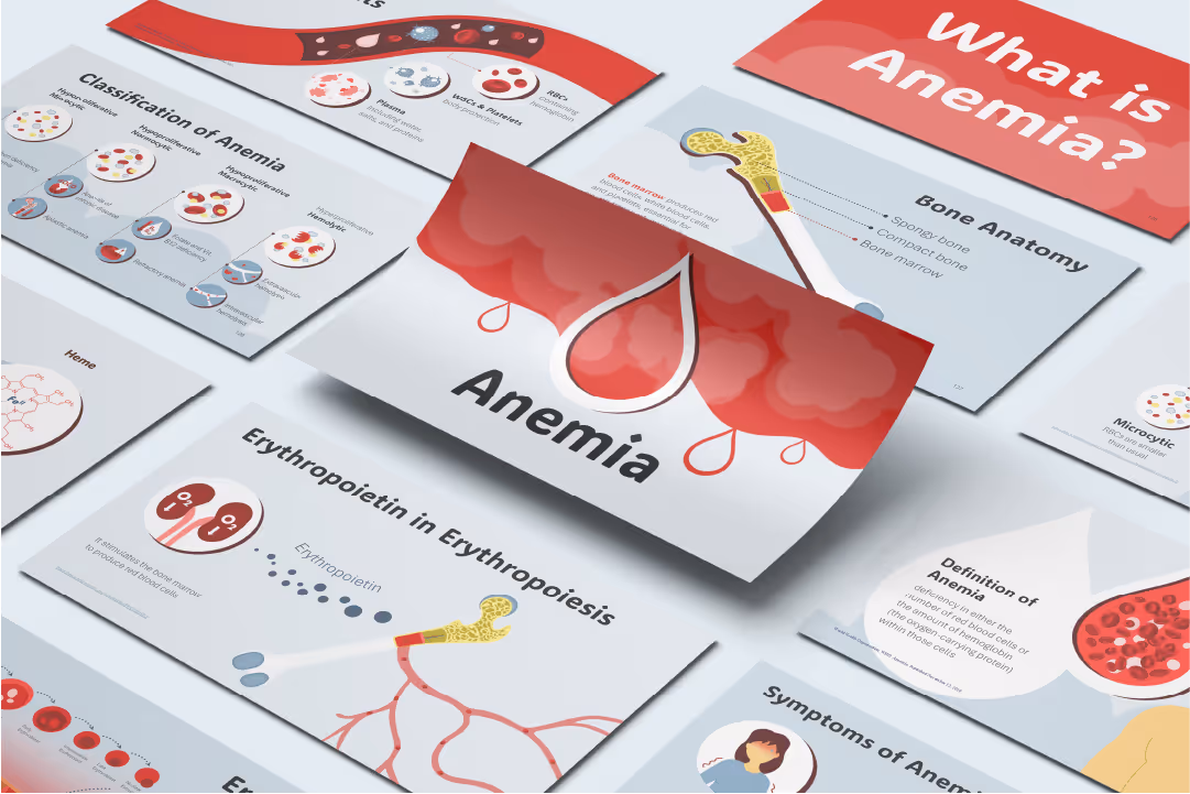 Introduction to anemia PowerPoint presentation for healthcare education featuring blood cell diagrams, hemoglobin visuals, and clinical training slides
