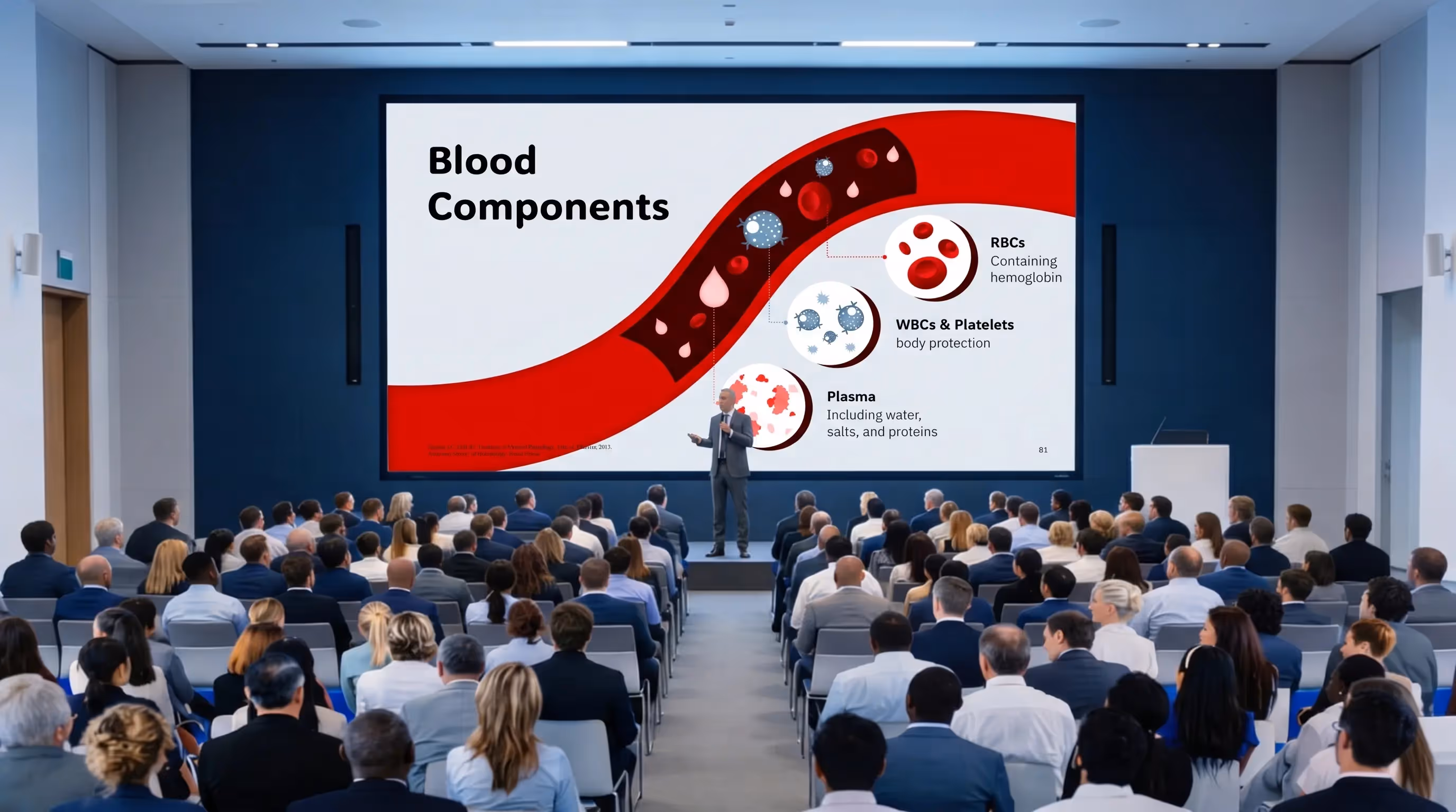 Medical conference presentation showing blood components