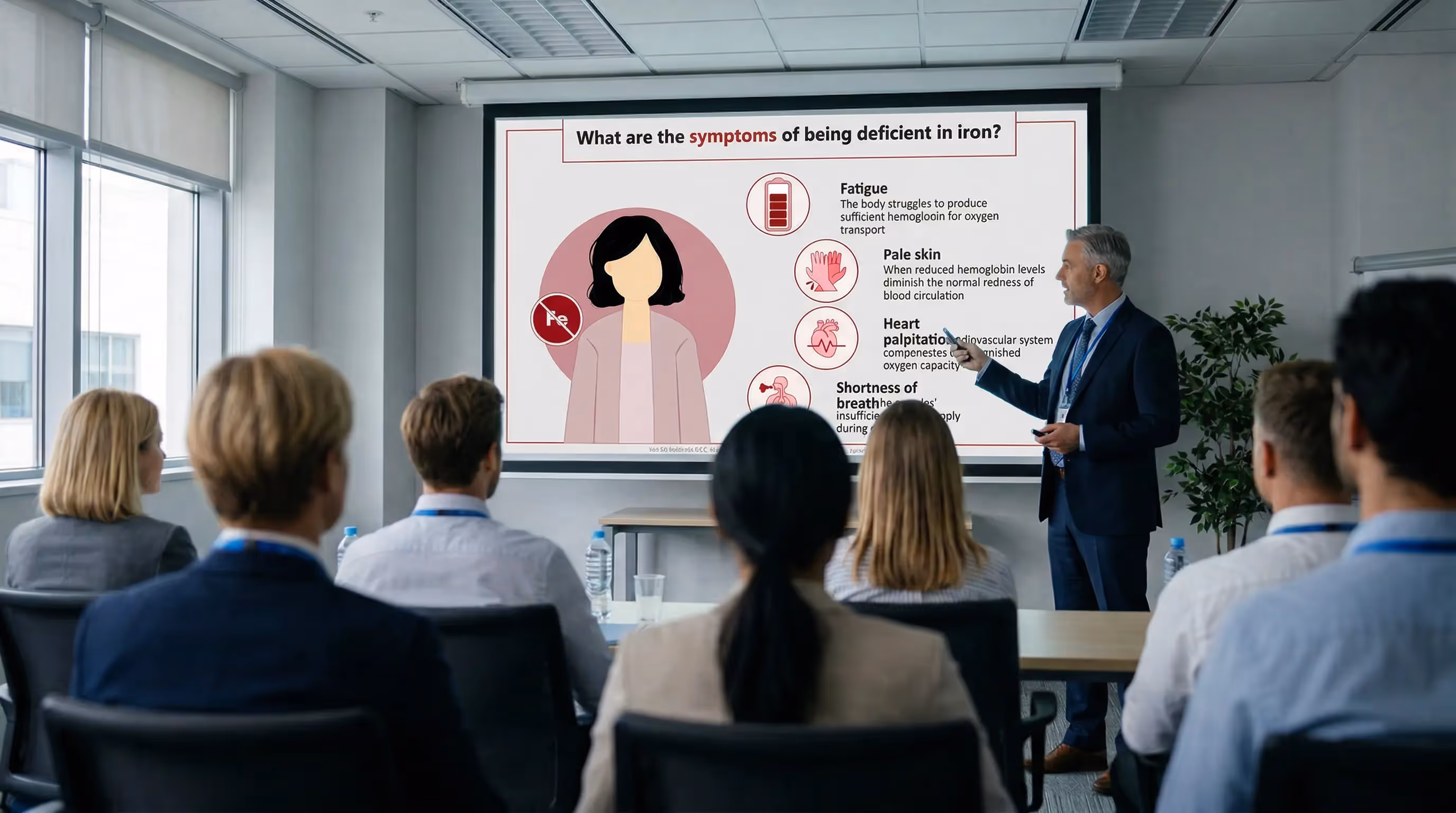 Medical training session showing key symptoms of iron deficiency anemia including fatigue pale skin and shortness of breath
