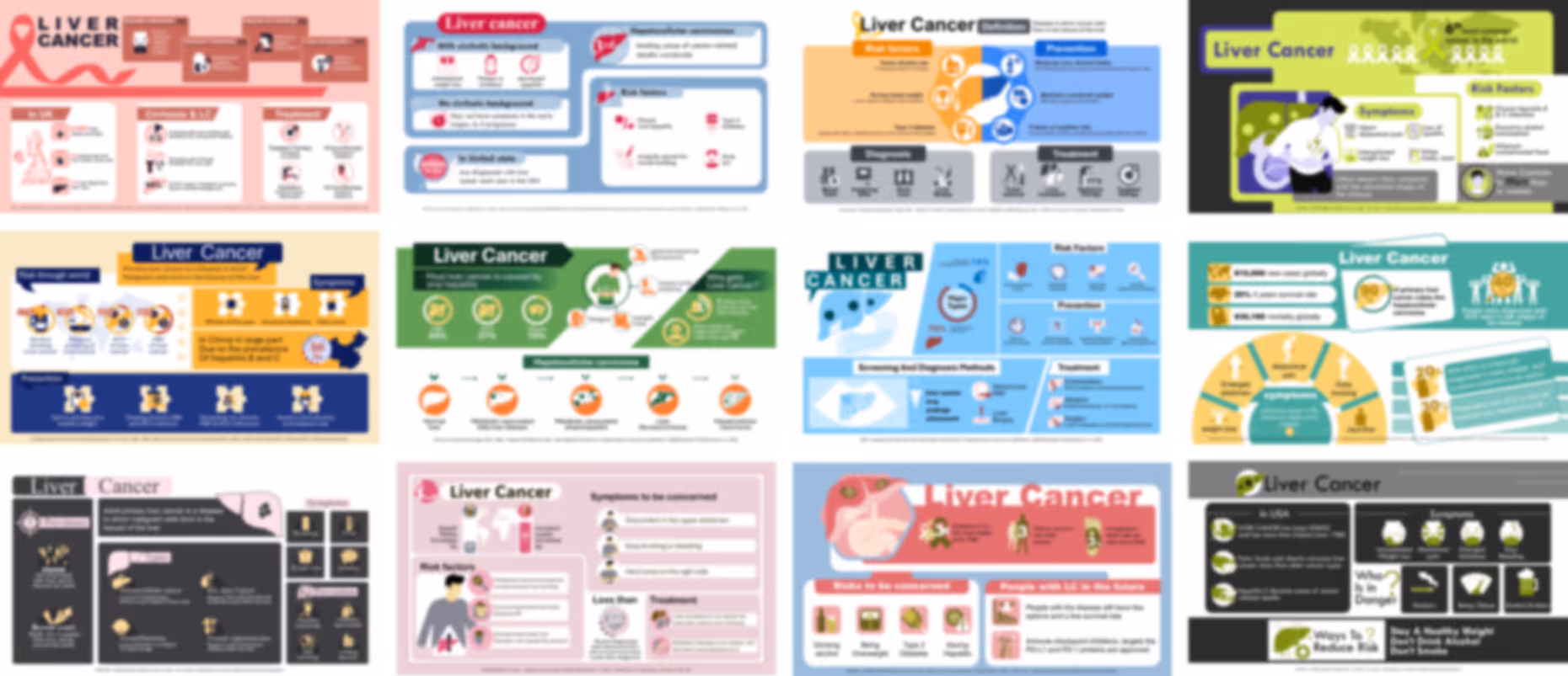 Liver cancer PowerPoint infographics slides preview showing symptoms, risk factors, diagnosis, and treatment visuals