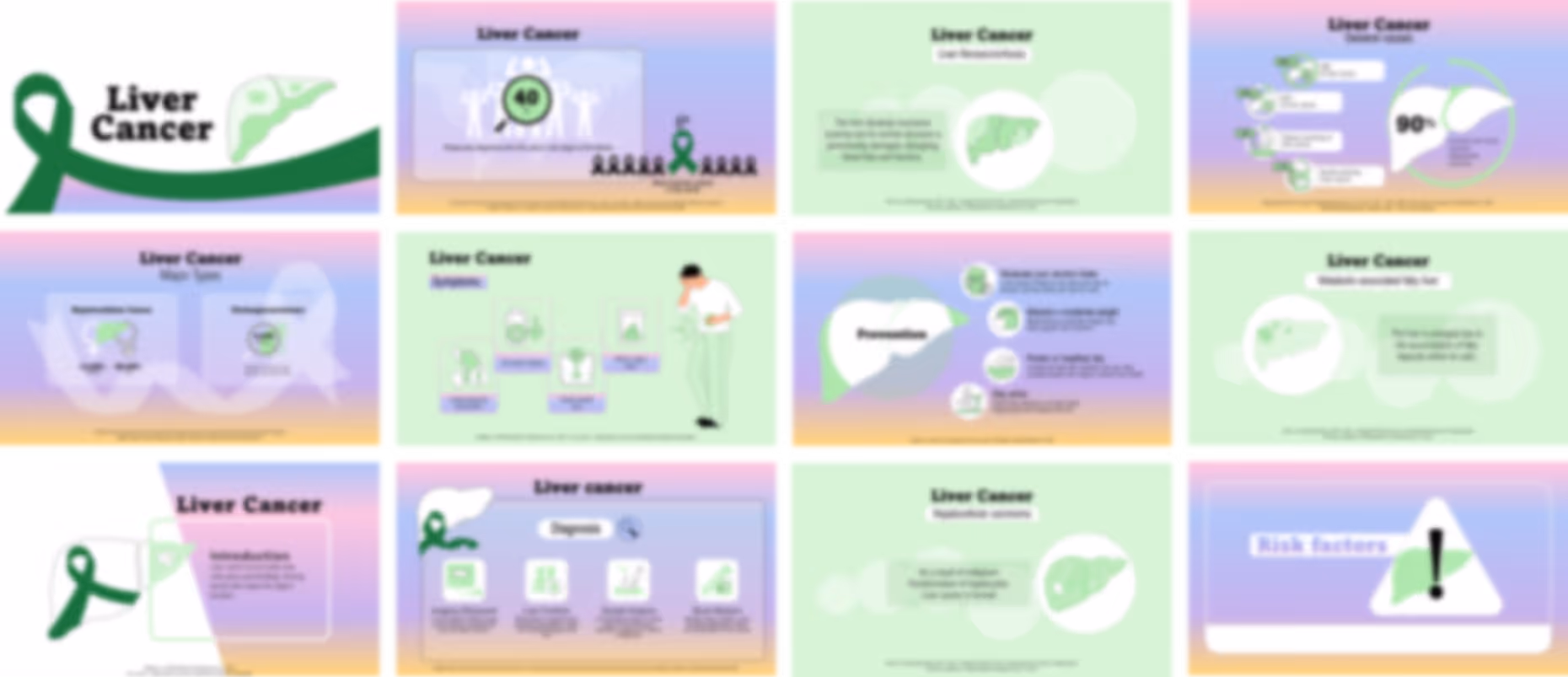 Liver cancer presentation slides preview showing symptoms, risk factors, prevention, and treatment information
