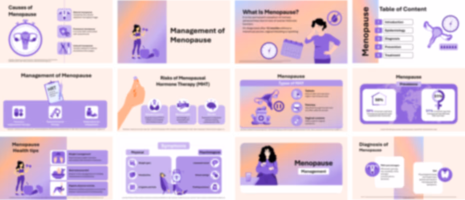 Ready-made menopause presentation slides with medical information, charts, and women’s health content
