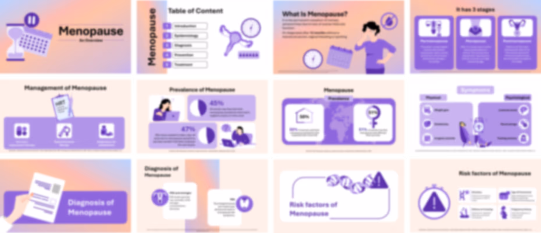 Menopause presentation slides preview explaining symptoms, hormonal changes, stages, and treatment options