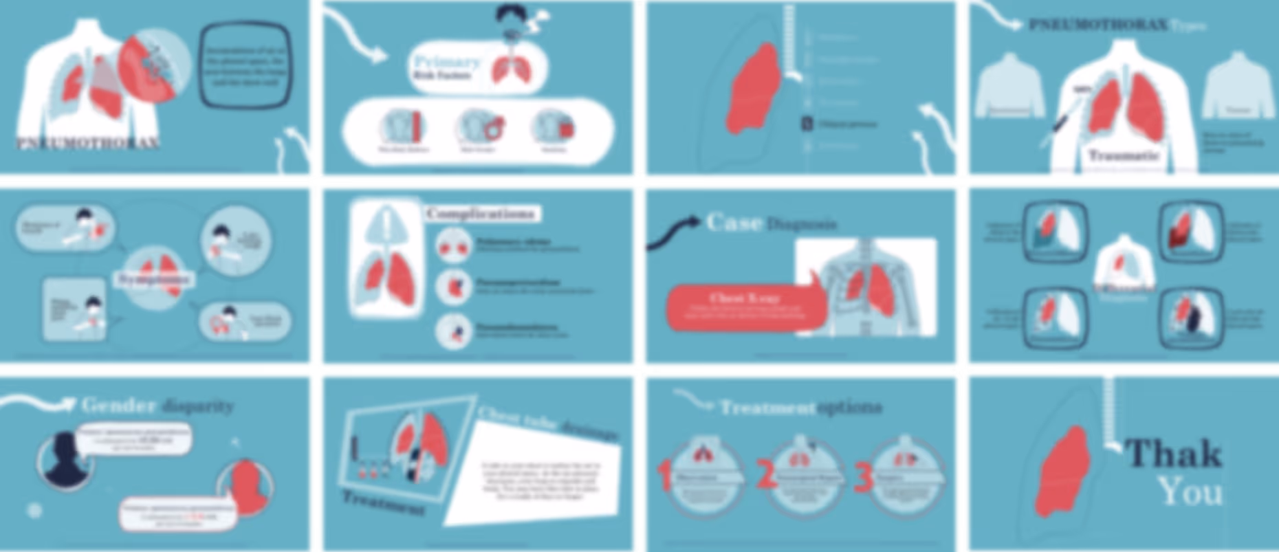 Pneumothorax overview slide deck example with infographics, healthcare visuals, and respiratory presentation design