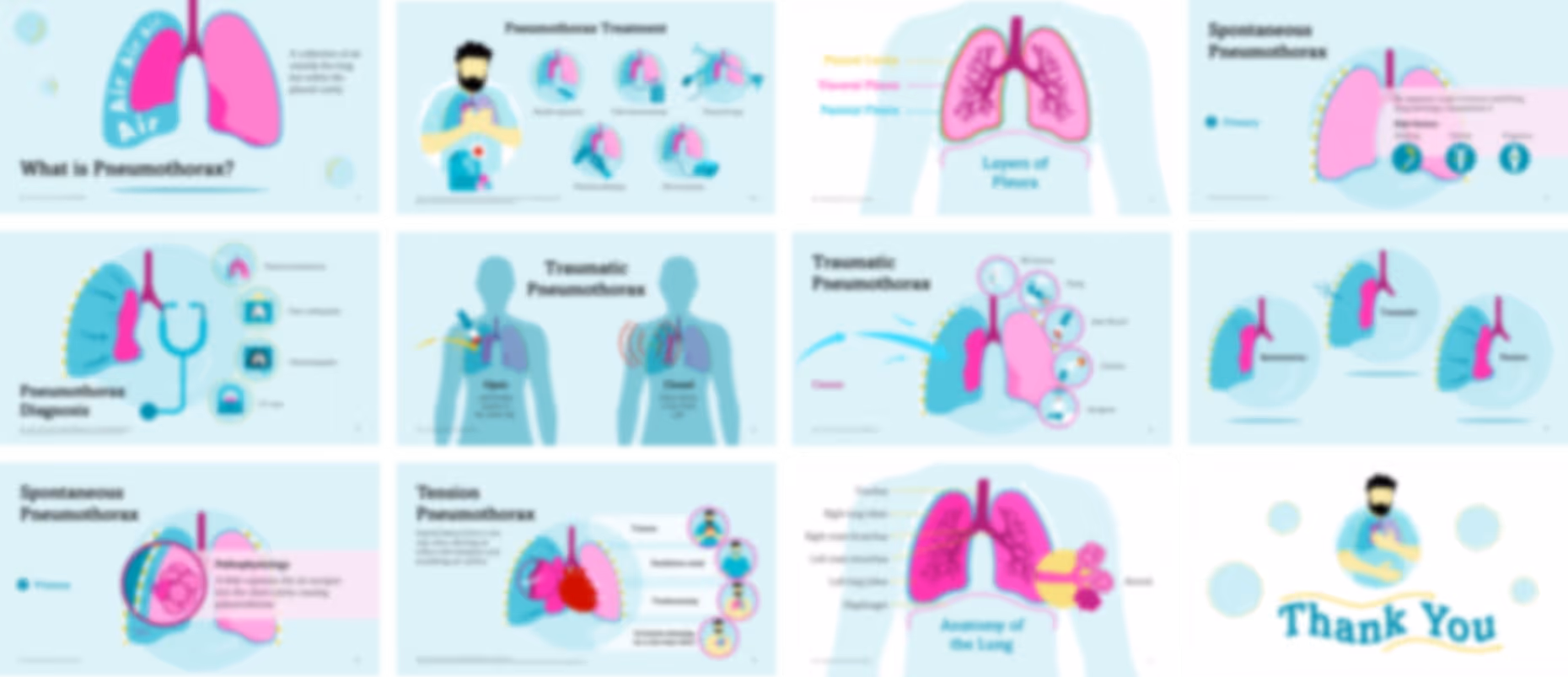 Ready-made pneumothorax presentation slides with medical explanations, charts, and healthcare content