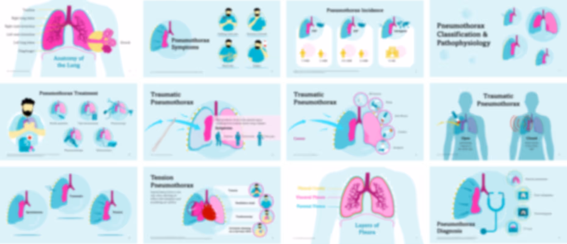 Pneumothorax presentation slides preview showing causes, symptoms, diagnosis, and emergency treatment