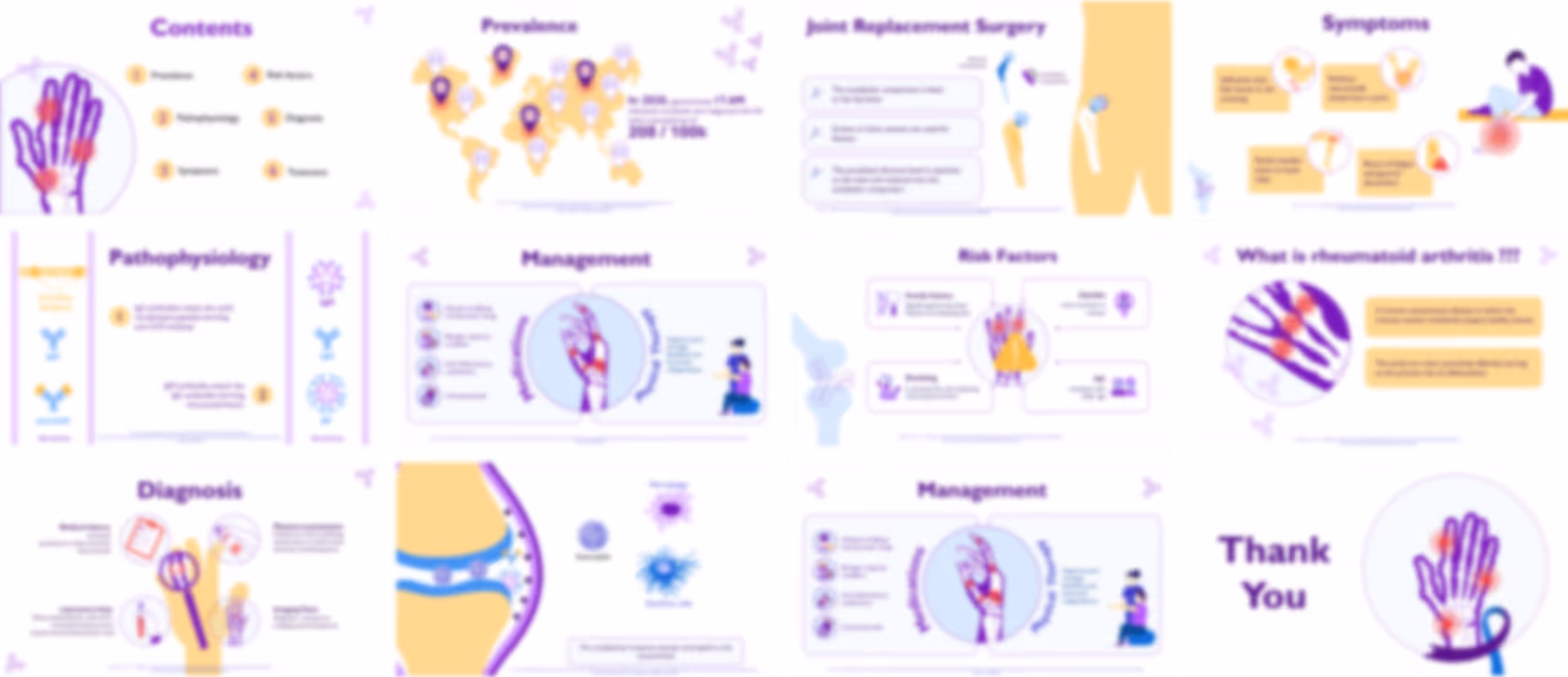 Rheumatoid arthritis disease slide deck example with infographics, joint disease visuals, and healthcare presentation design