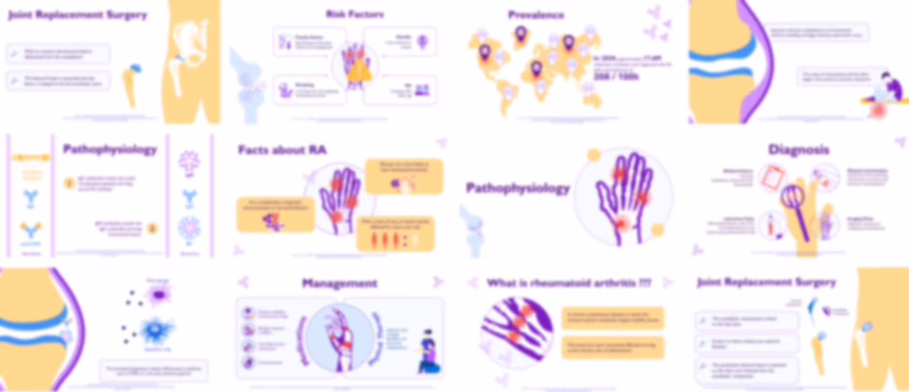 Ready-made rheumatoid arthritis disease presentation slides with medical content, charts, and clinical explanations