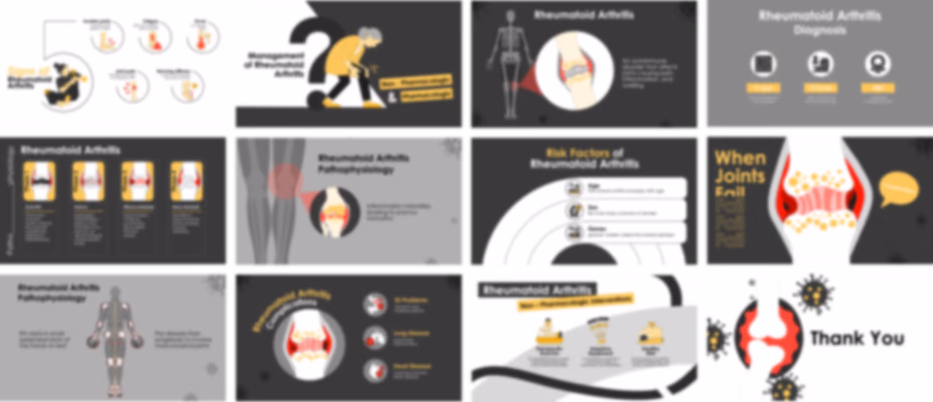 Ready-made rheumatoid arthritis presentation slides with medical content, charts, and healthcare explanations