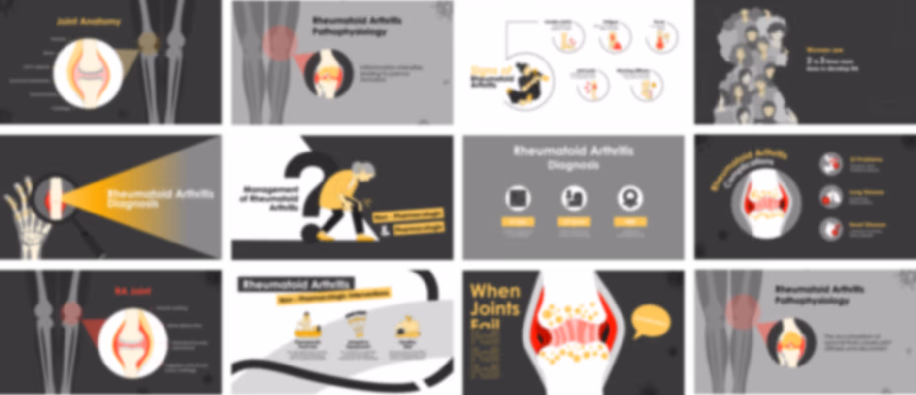 Rheumatoid arthritis slide deck example with infographics, joint disease visuals, and clinical presentation design