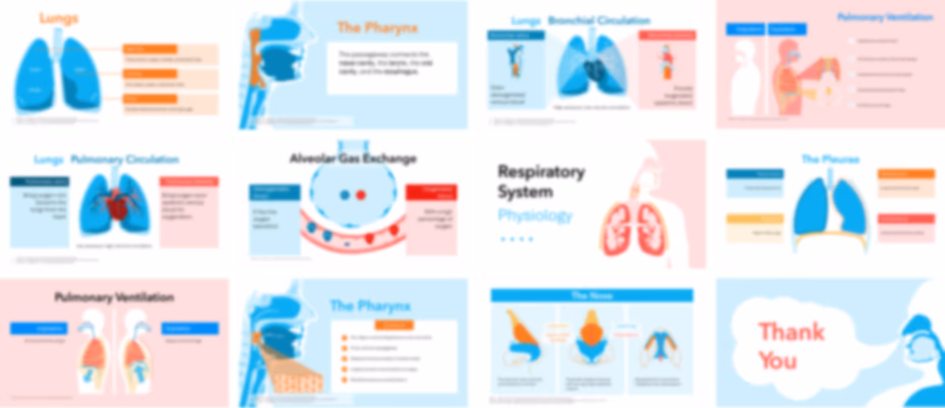 Respiratory system slide deck example with anatomy illustrations, upper and lower airway structure, and physiology visuals