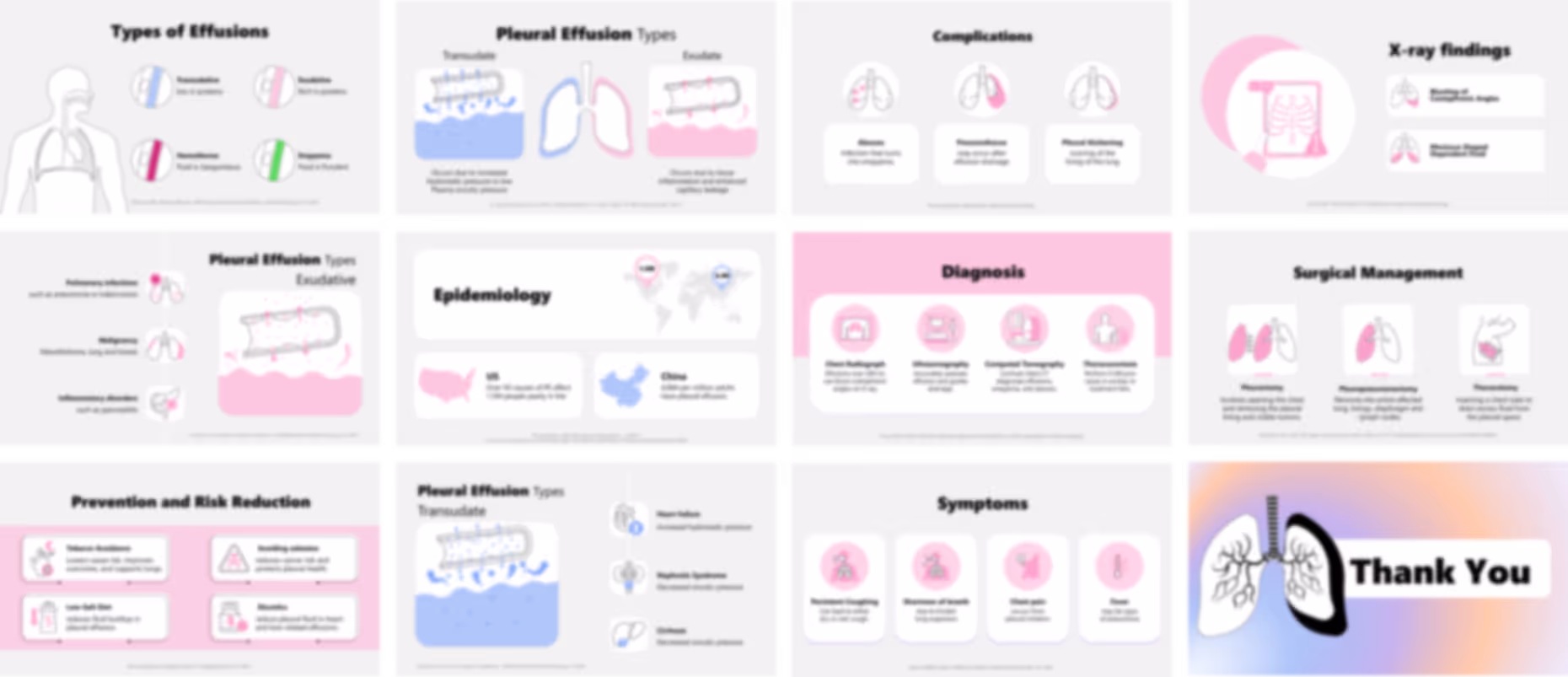 Pleural effusion slide deck example with infographics, respiratory visuals, and healthcare presentation design