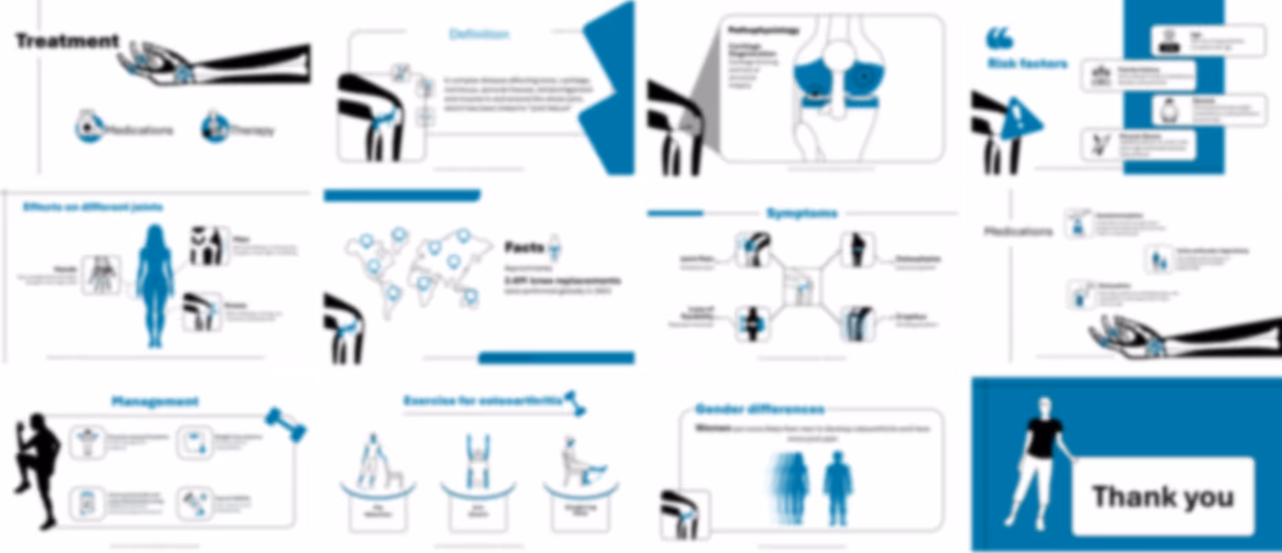 Osteoarthritis slide deck example with infographics, clinical visuals, and musculoskeletal presentation design