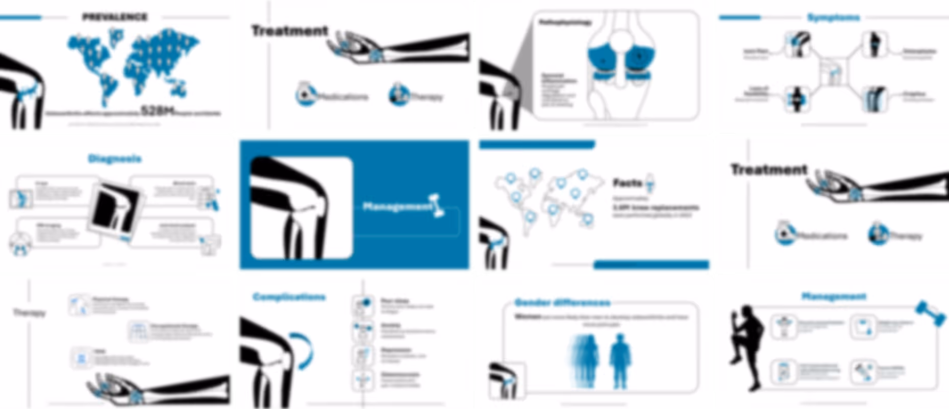 Ready-made osteoarthritis presentation slides with medical content, charts, and joint health explanations
