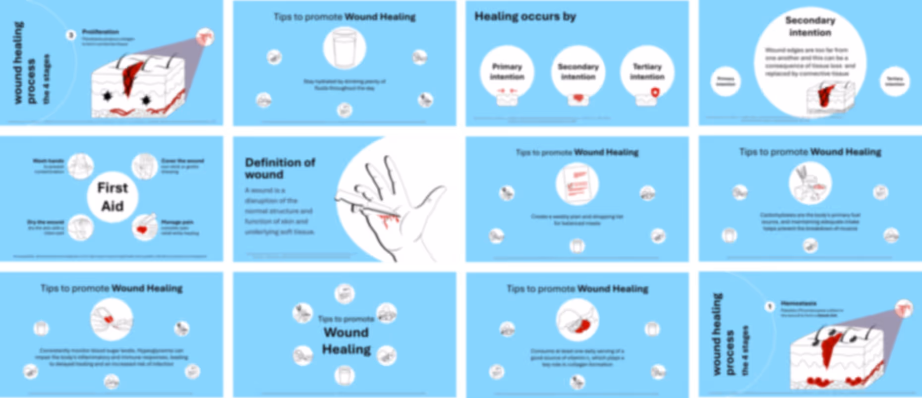 Ready-made wound management presentation slides with clinical content, charts, and healthcare explanations