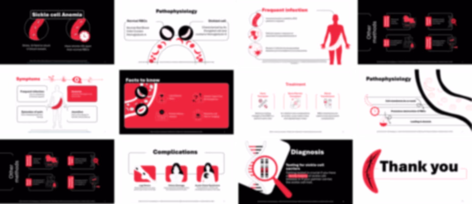Ready-made sickle cell anemia presentation slides with medical content, charts, and hematology explanations
