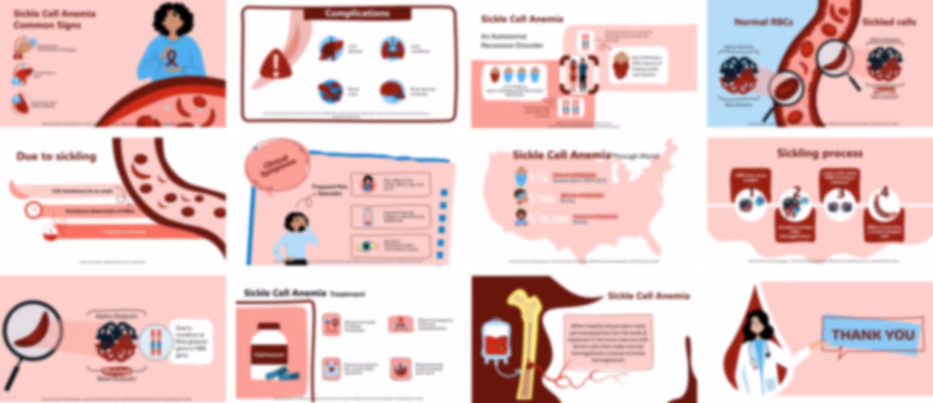 Sickle cell disease slide deck example with infographics, blood disorder visuals, and healthcare presentation design
