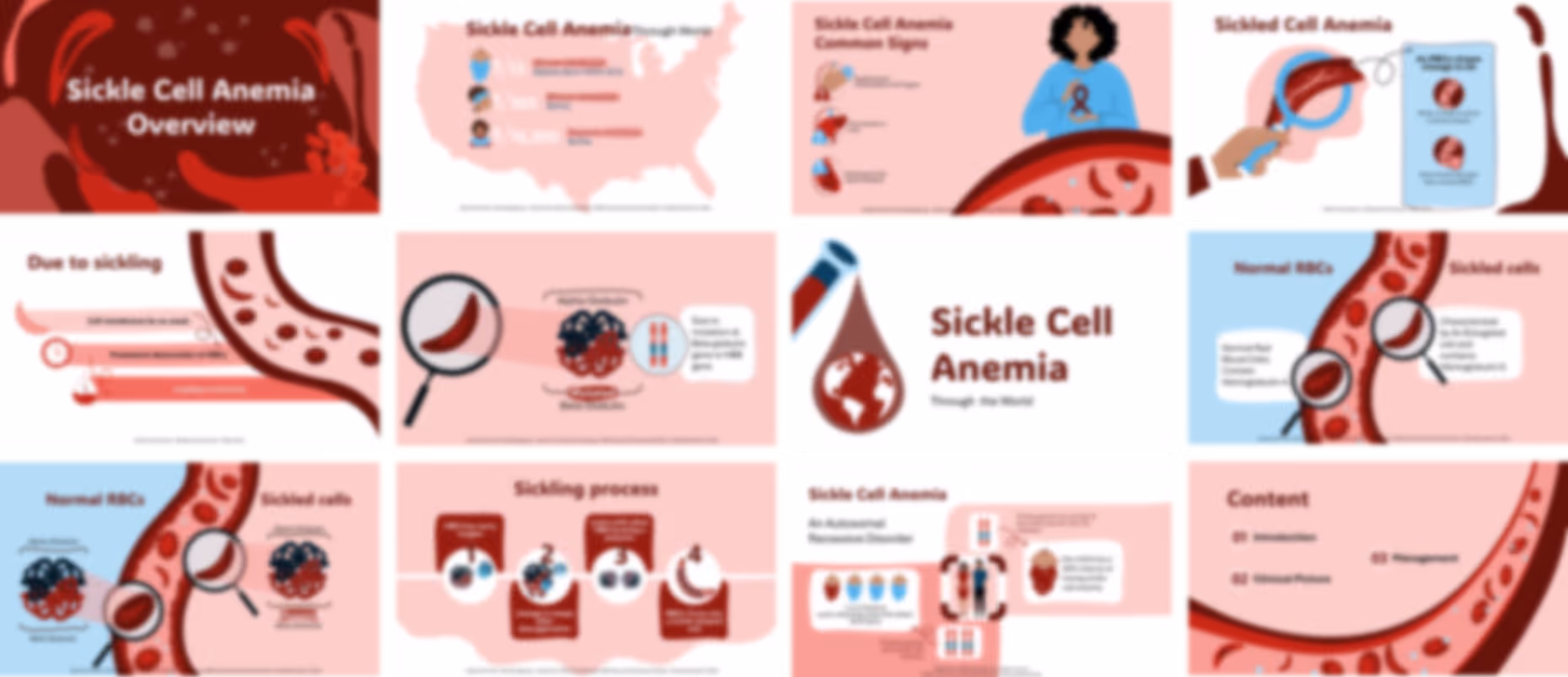 Sickle cell disease presentation slides preview showing symptoms, causes, complications, and treatment options